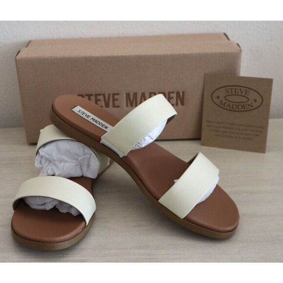 Steve Madden DUAL01S1 Women's Sz 8M Bone Leather Dual Flat Double Strap Sandals - Picture 1 of 11